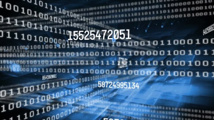 Animation of numbers changing and binary coding data processing over blue background
