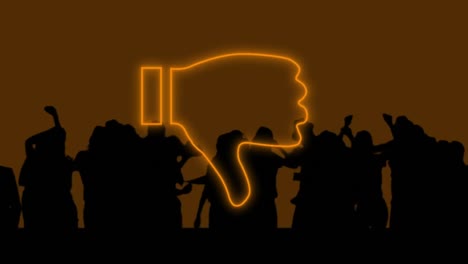 Animation-of-orange-neon-thumbs-up-thumbs-down-and-cloud-symbols-flashing-on-silhouetted-party-crowd