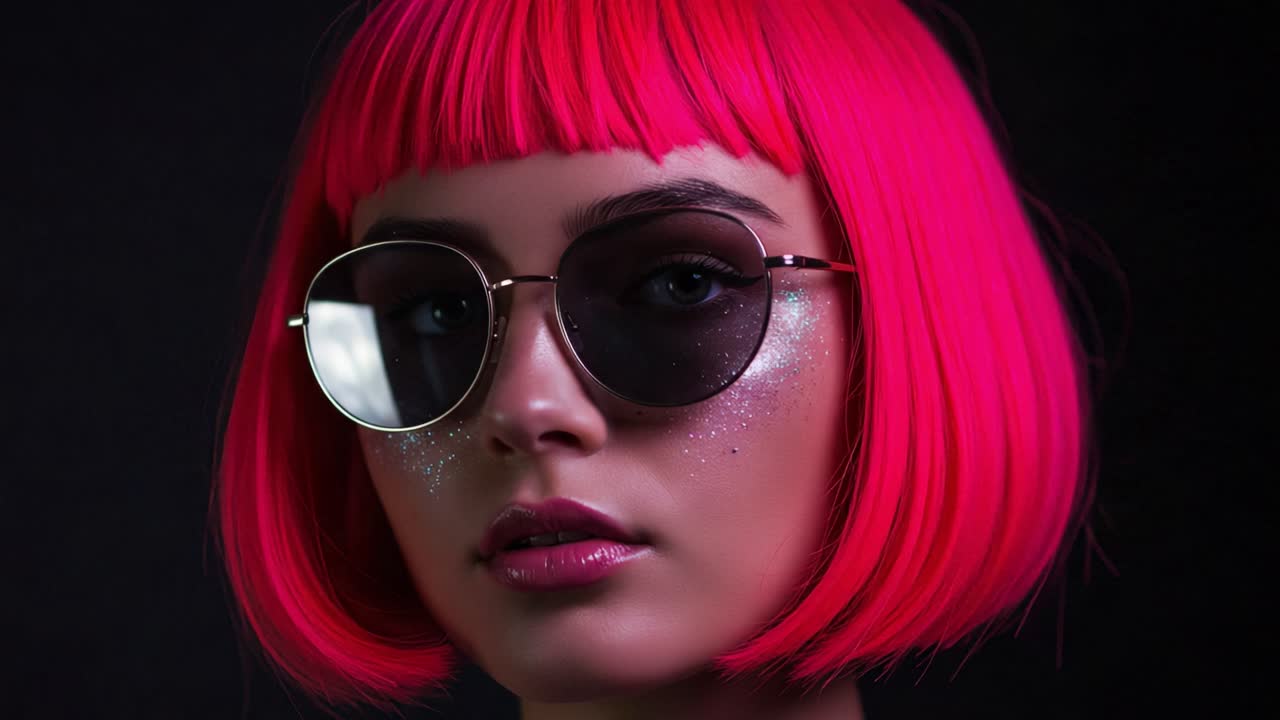 A striking portrait of a fashionable individual featuring vibrant pink hair, stylish sunglasses, and a captivating look, embodying modern aesthetics with a bold attitude