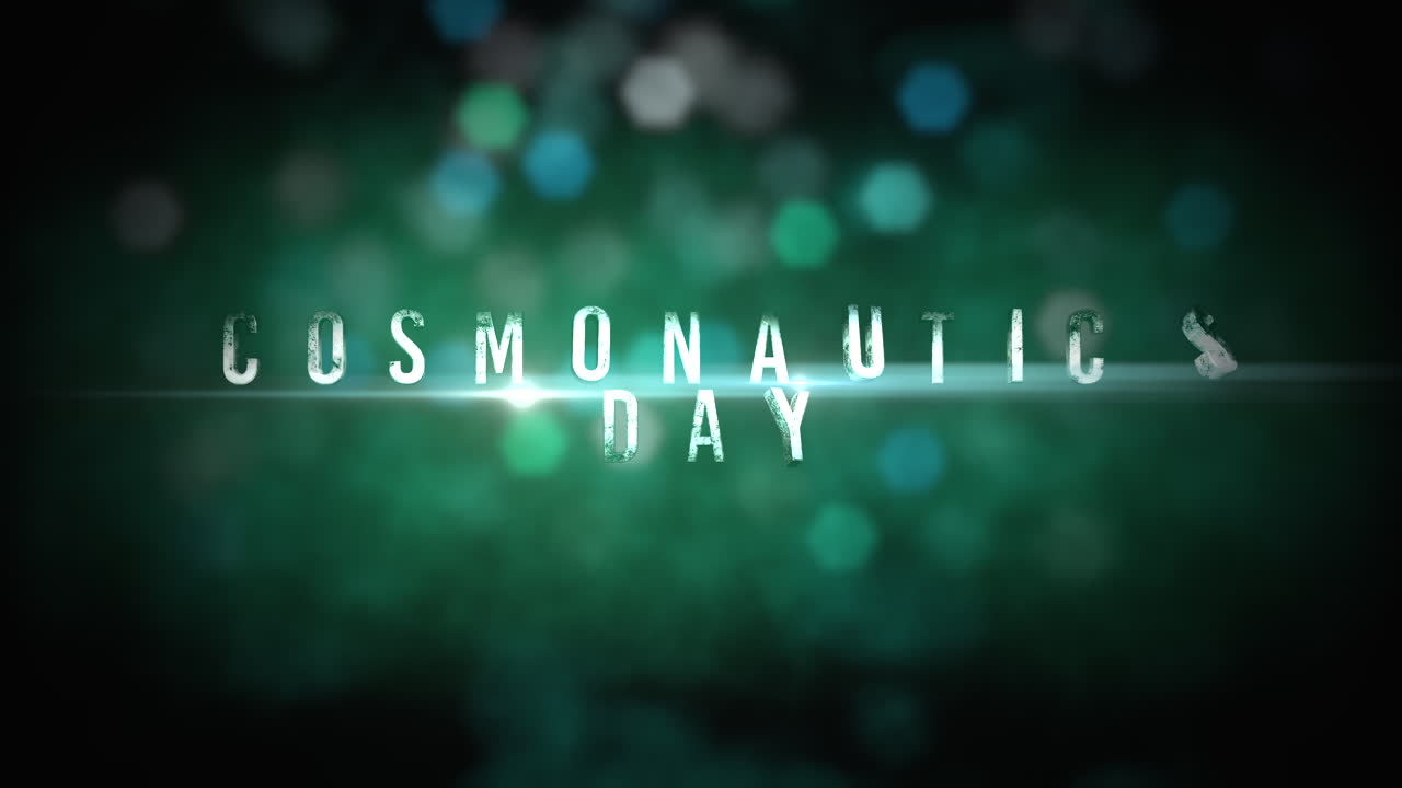 Cosmonautics Day with colorful confetti on green clouds