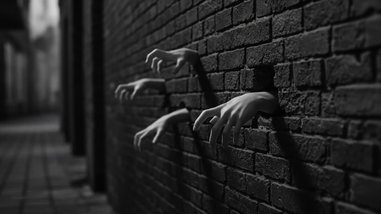 Mystical Encounter: Emphasizing Creepy Realism, the Disturbing Hands Emerge from a Gloomy Brick Wall, Creating an Uneasy Atmosphere That Invokes Curiosity and Fear
