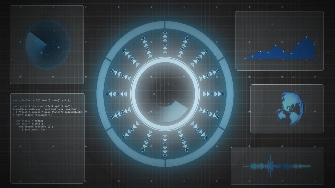 Animation of scope scanning and data processing on black background