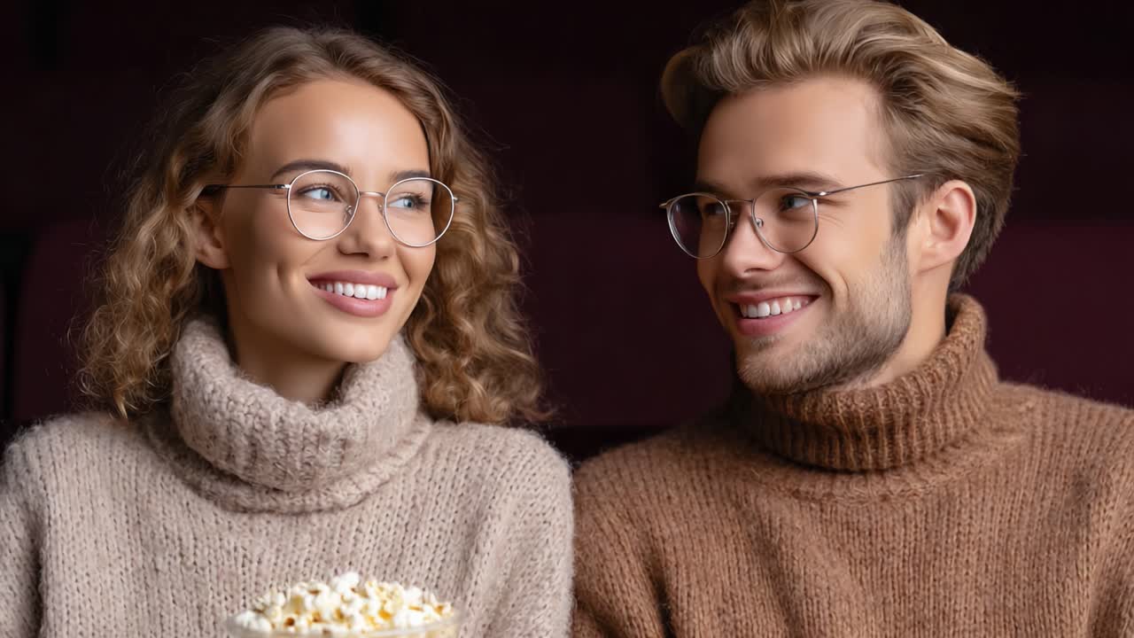 Joyful Couple Enjoying a Movie Night Together, Sharing Popcorn and Smiles in Cozy Knit Sweaters at the Theatre, Captured in Two Frames of Happiness and Connection