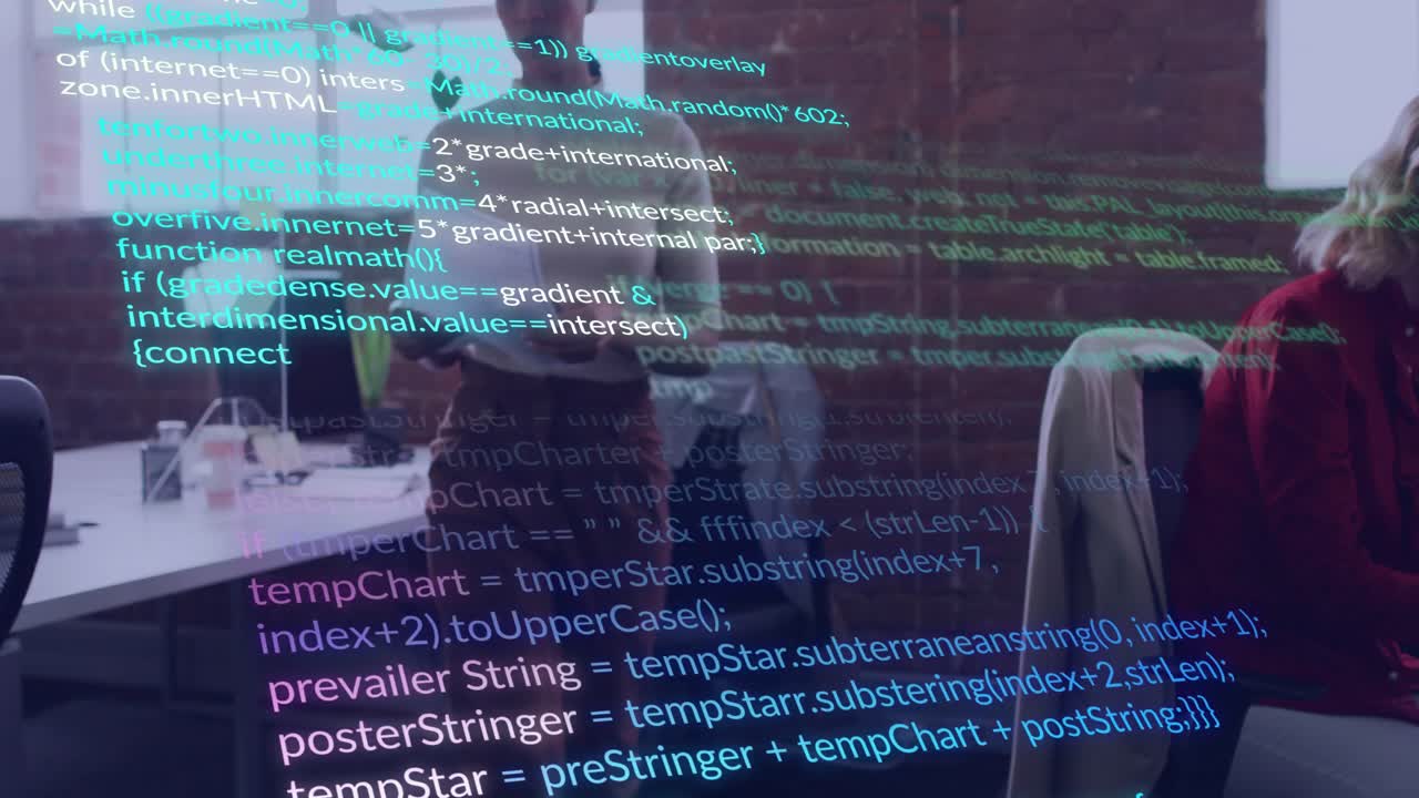 Woman speaking on phone typing laptop in tech, causing code overlay rising, peer holding work docs