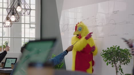 funny business meeting team leader chicken teaching financial market presentation on whiteboard happy students enjoying colorful bird boss in office lecture