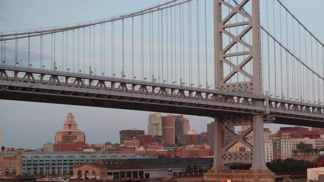 Establishing shot of Philadelphia's Ben Franklin Bridge. Shot at sunrise in Pennsylvania