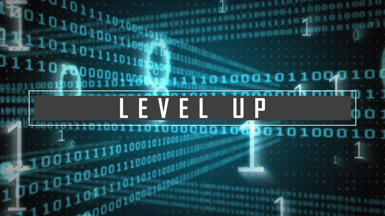 파란색 배경에 레벨 업 텍스트와 함께 이진 숫자 데이터 처리