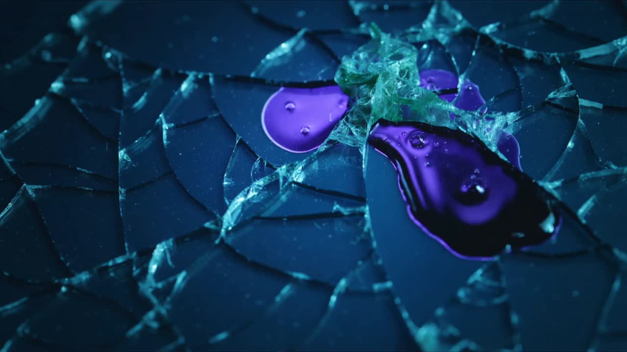 Spreading purple pools from center across star glass, filling cracks under teal violet light