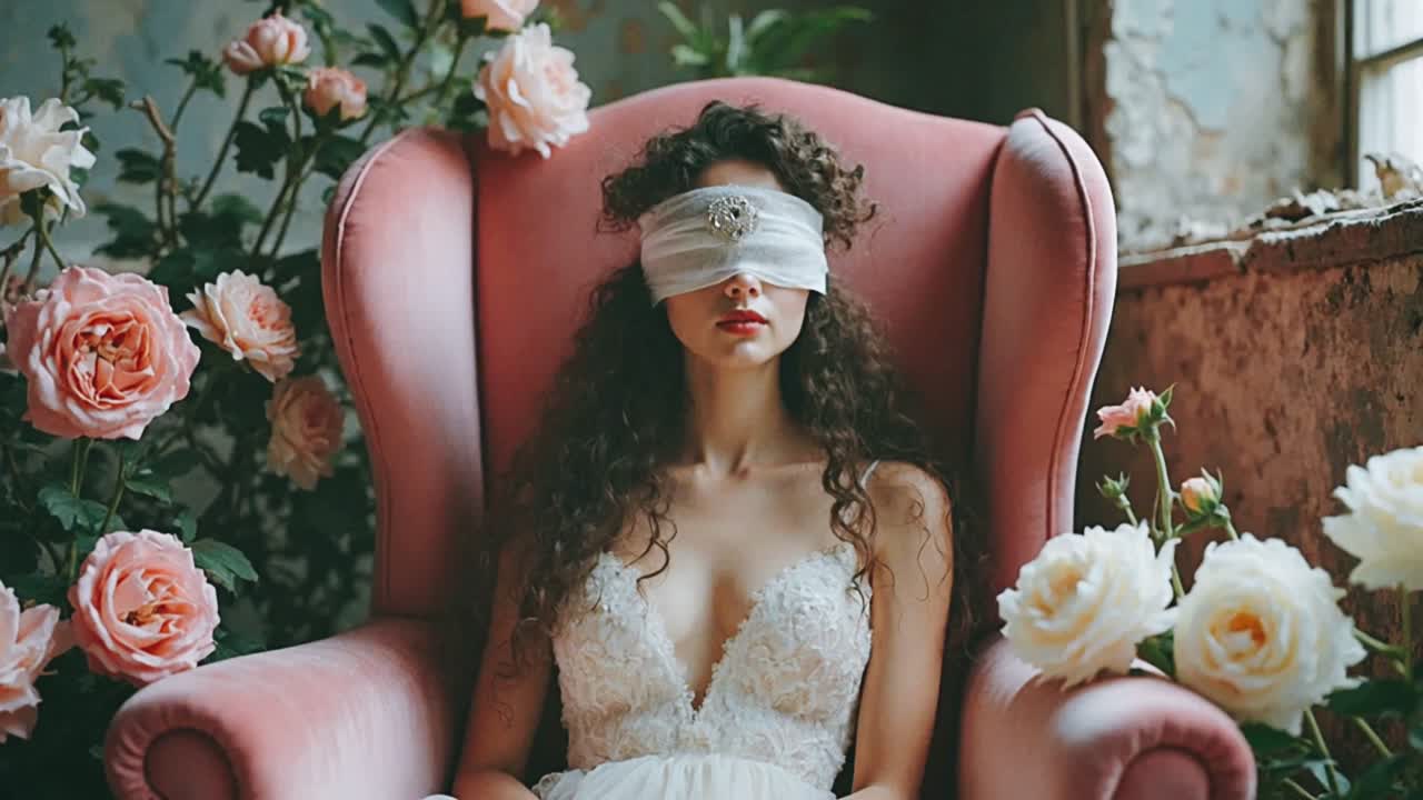 장미 를 가진 분홍색 의자 에 앉은 여자