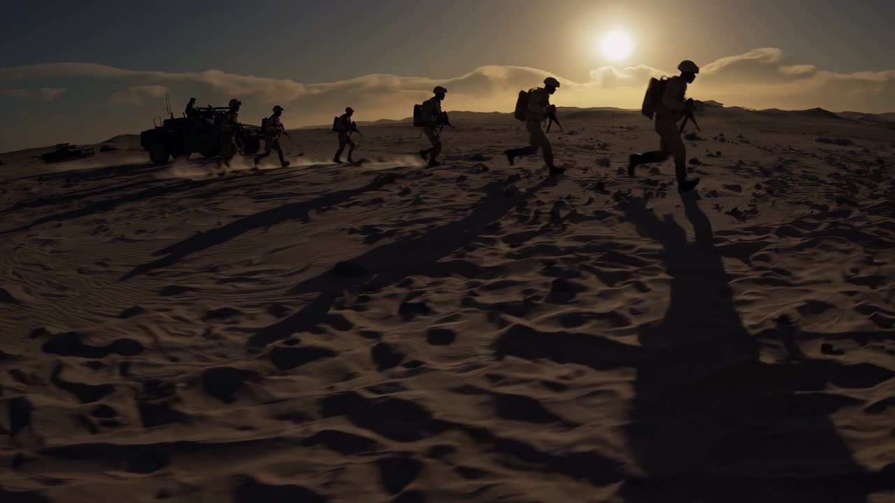 모래 사막 지형을 가로질러 행진하는 실루 군사 부대, 극적인 해가 지는 빛 아래 긴 그림자를 던지며, 팀워크와 군대의 단결을 강조합니다.