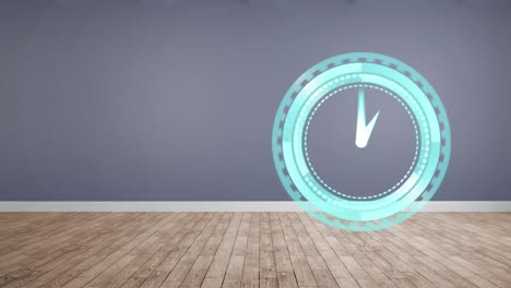 Animation-of-clock-moving-fast-with-copy-space-on-grey-and-wooden-background