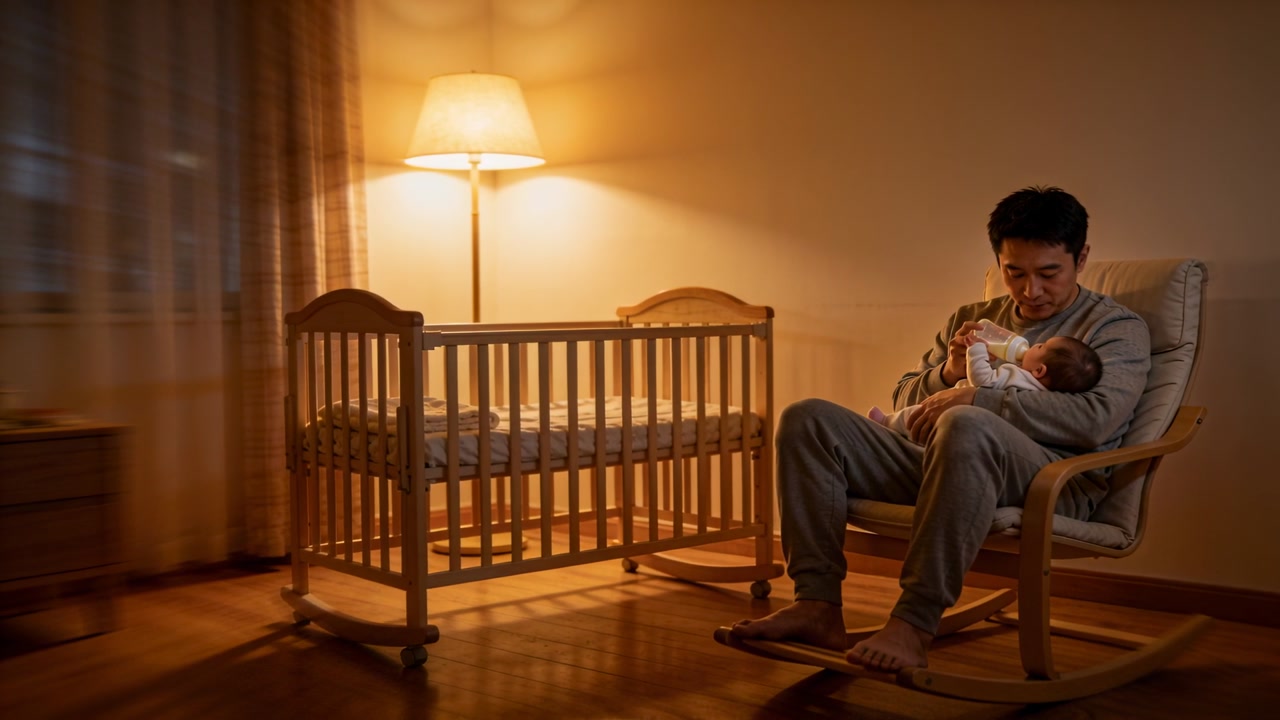 Cradling and bottle-feeding father in loungewear, rocker in nursery as infant stirs, copy space