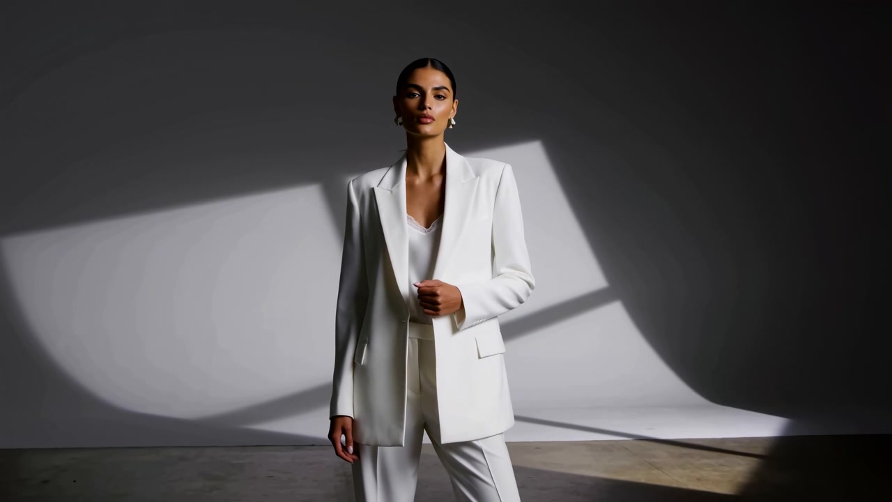 Mulher permanece centralizada enquanto uma mão desliza sobre seu blazer branco, enquanto a luz retangular nítida e as formas de sombra amplas criam um contraste marcante na parede cinza e no chão de concreto.