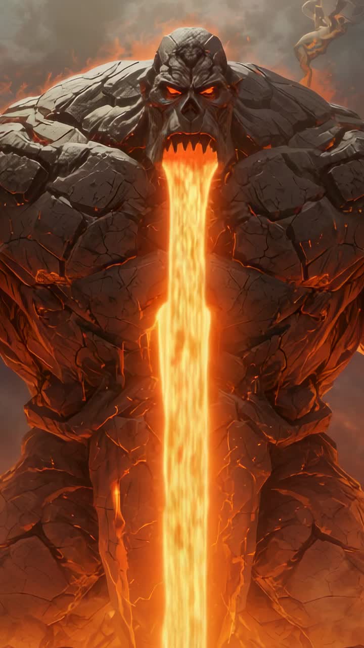 Vertical video: Stone golem streaming lava and pulsing magma veins in volcanic expanse, embers haze