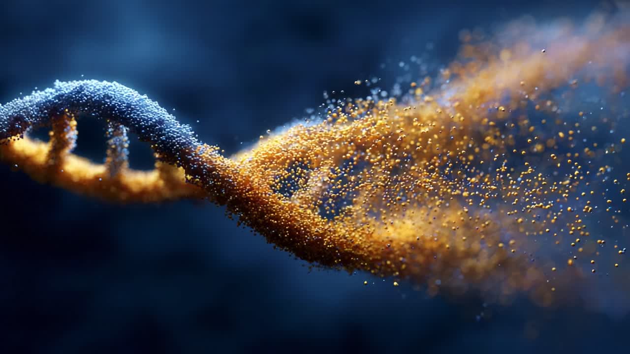 A Stunning Visual Representation of DNA Structure with Vibrant Particles, Showcasing the Elegant Spirals and the Intricate Composition of Genetic Material in a Mesmerizing Blue and Gold Palette