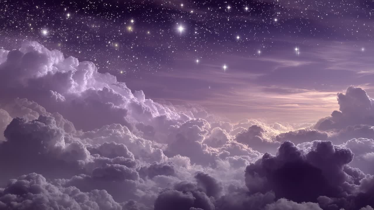 A Breathtaking View of a Starry Sky Above Lush Purple Clouds, Illuminating the Atmosphere with a Mystical Glow and Cosmic Beauty
