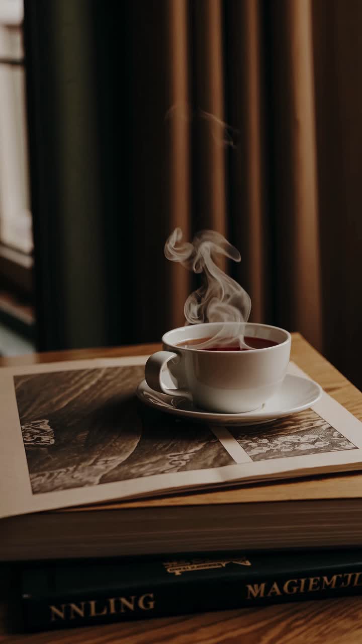 Warm, cozy scene of a steaming cup of tea on a book, captured from a low angle