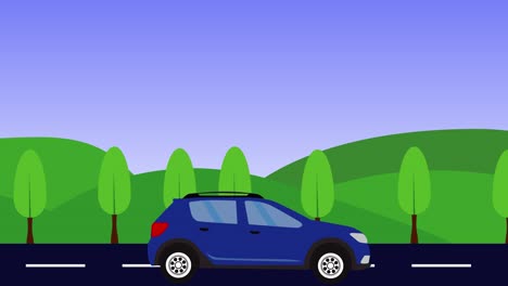 animación del paisaje de la naturaleza de las colinas, coche corriendo en la carretera, diseño plano, bucle sin costuras