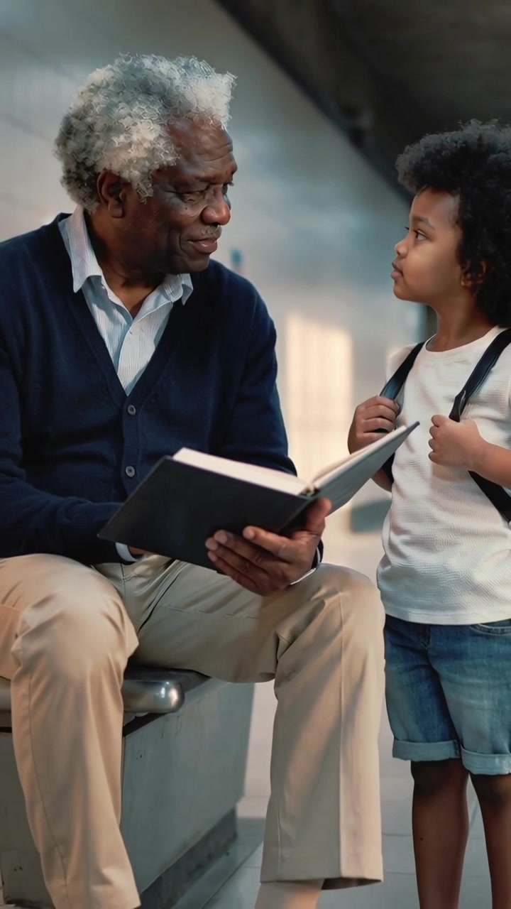 Vertical video: Reading elder man tilting book and meeting child gaze at station, cardigan