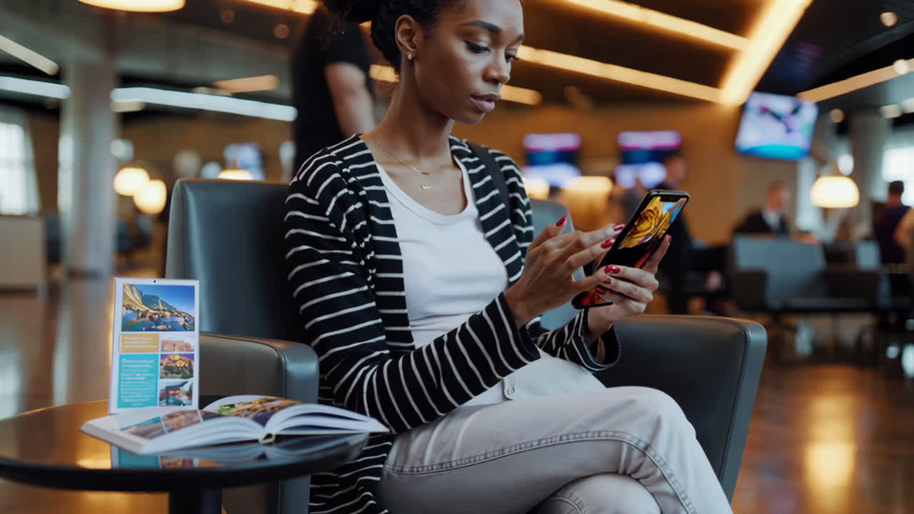 Woman using a smartphone in a modern lounge area