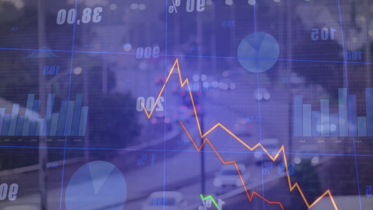 Financial graph and data analysis animation over blurred city street background