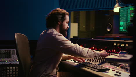 Portrait-of-audio-technician-adjusting-volume-levels-on-recordings