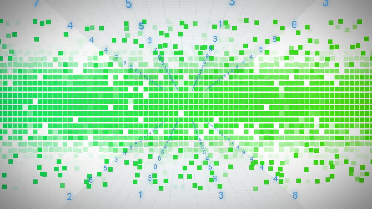 Animation of data processing and green shapes on white background