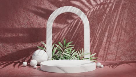 Marbled-archway-platform-balls-with-palm-frond-shadow,-red-textured-background