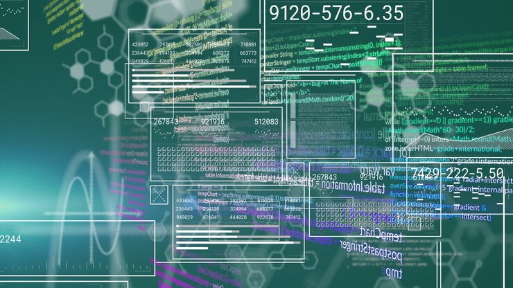 Animation of digital interface with database over hexagonal shapes and computer language