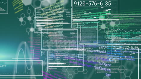 Animation-of-digital-interface-with-database-over-hexagonal-shapes-and-computer-language