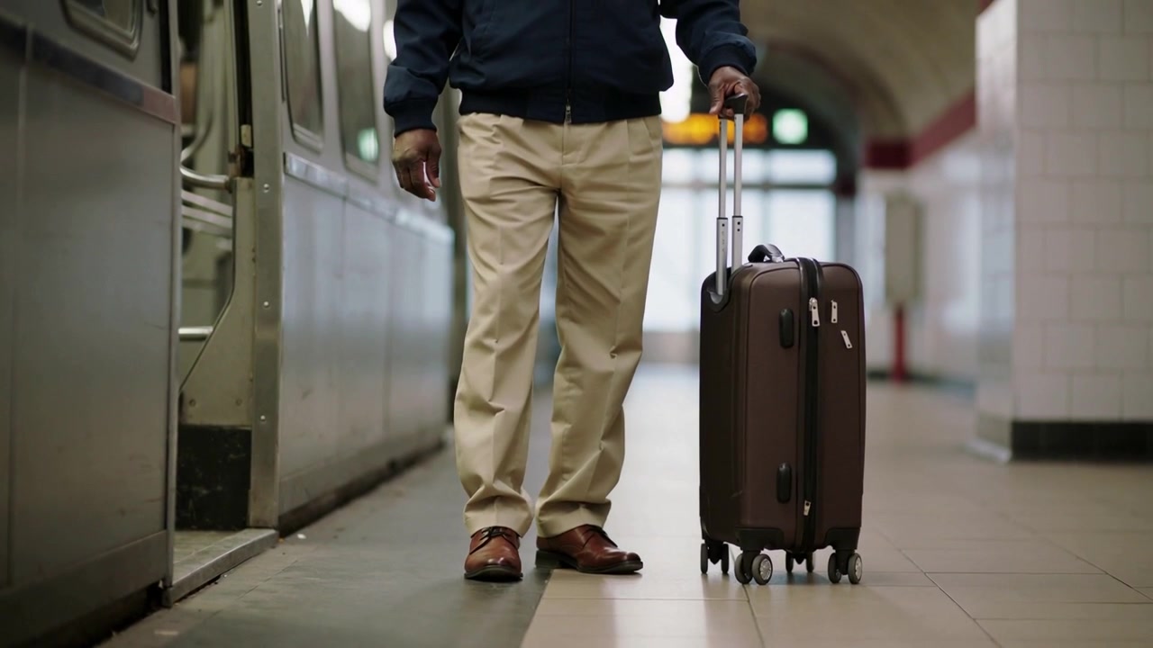 Stepping man in navy jacket walking off stopped train, pulling brown suitcase toward station exit