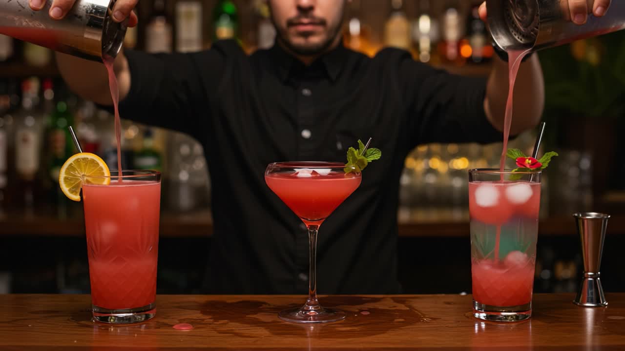 A Master Bartender Skillfully Prepares Three Colorful Cocktails with Fresh Ingredients, Showcasing Talent and Creativity in Crafting exquisite Drinks Behind the Bar