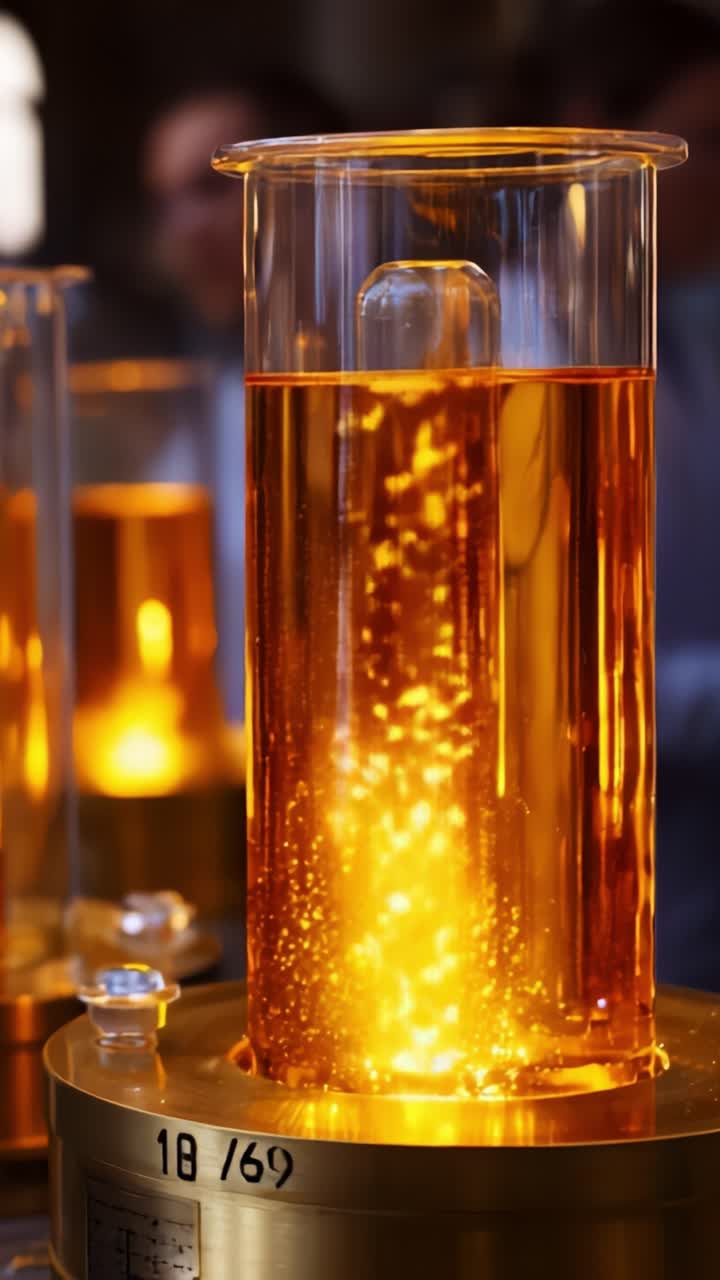 Un primo piano scintillante di un esperimento con liquidi dai colori vivaci in un laboratorio, che mostra il flusso dinamico e l'azione effervescente dell'elisir in un cilindro di vetro