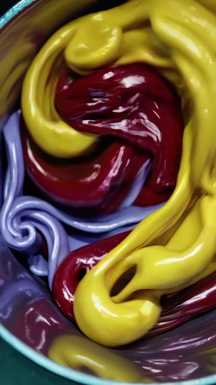 Vibrant purple and yellow wax melting, blending in circular motion, revealing swirling artistic texture and color interaction