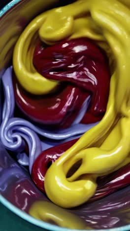 vibrant purple and yellow wax melting, blending in circular motion, revealing swirling artistic texture and color interaction