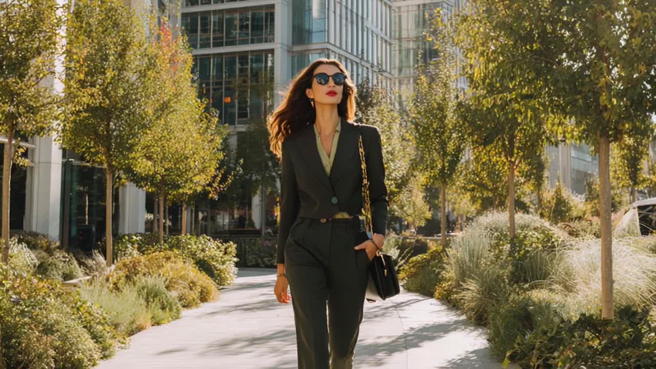 Empresaria segura caminando por un elegante parque urbano: Una mezcla de naturaleza y arquitectura moderna que resalta la elegancia profesional