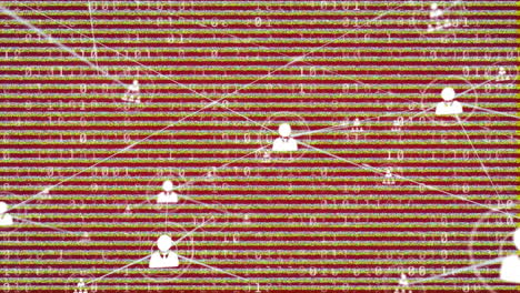 animation of network of connections with icons over data processing on red background