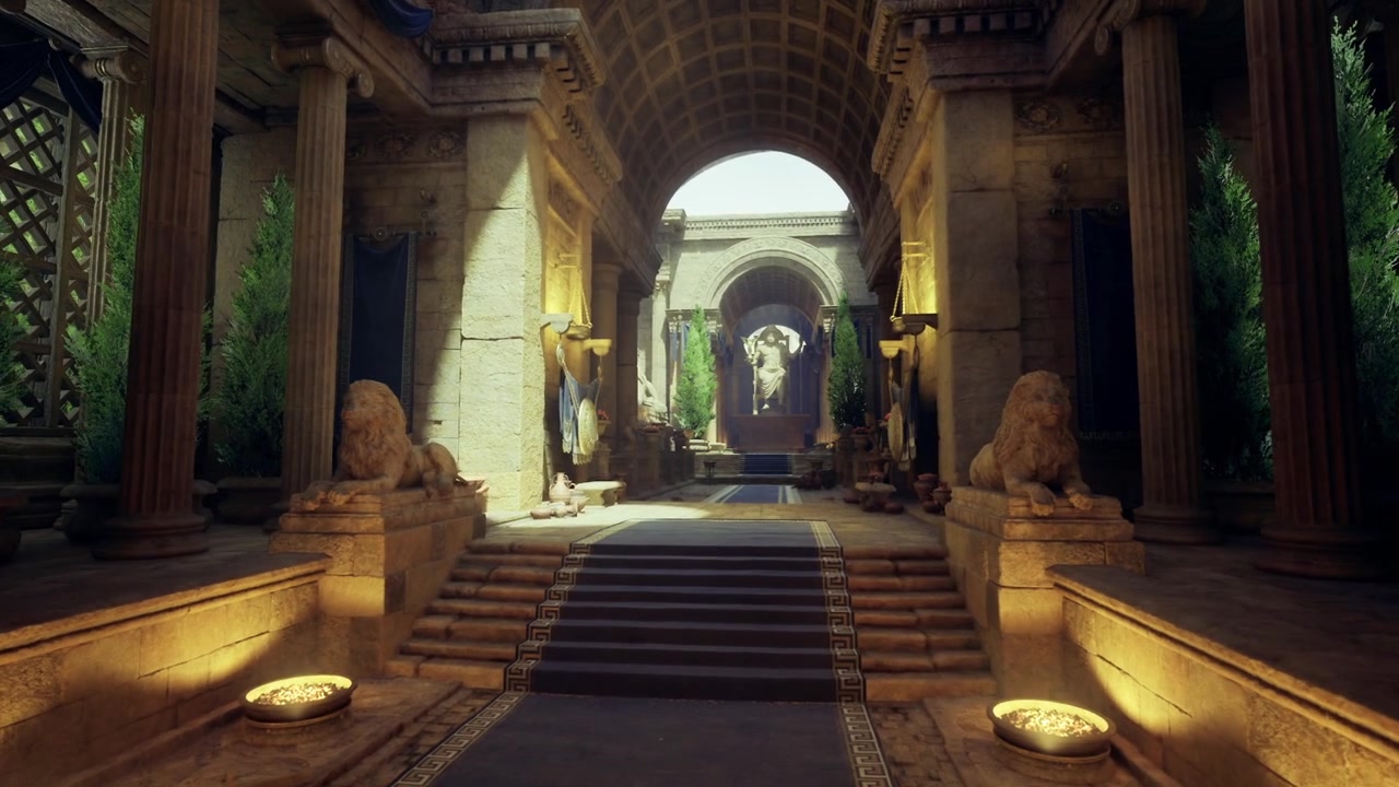 Ampio foyer in marmo illuminato da lanterne con piante rigogliose nelle vicinanze.