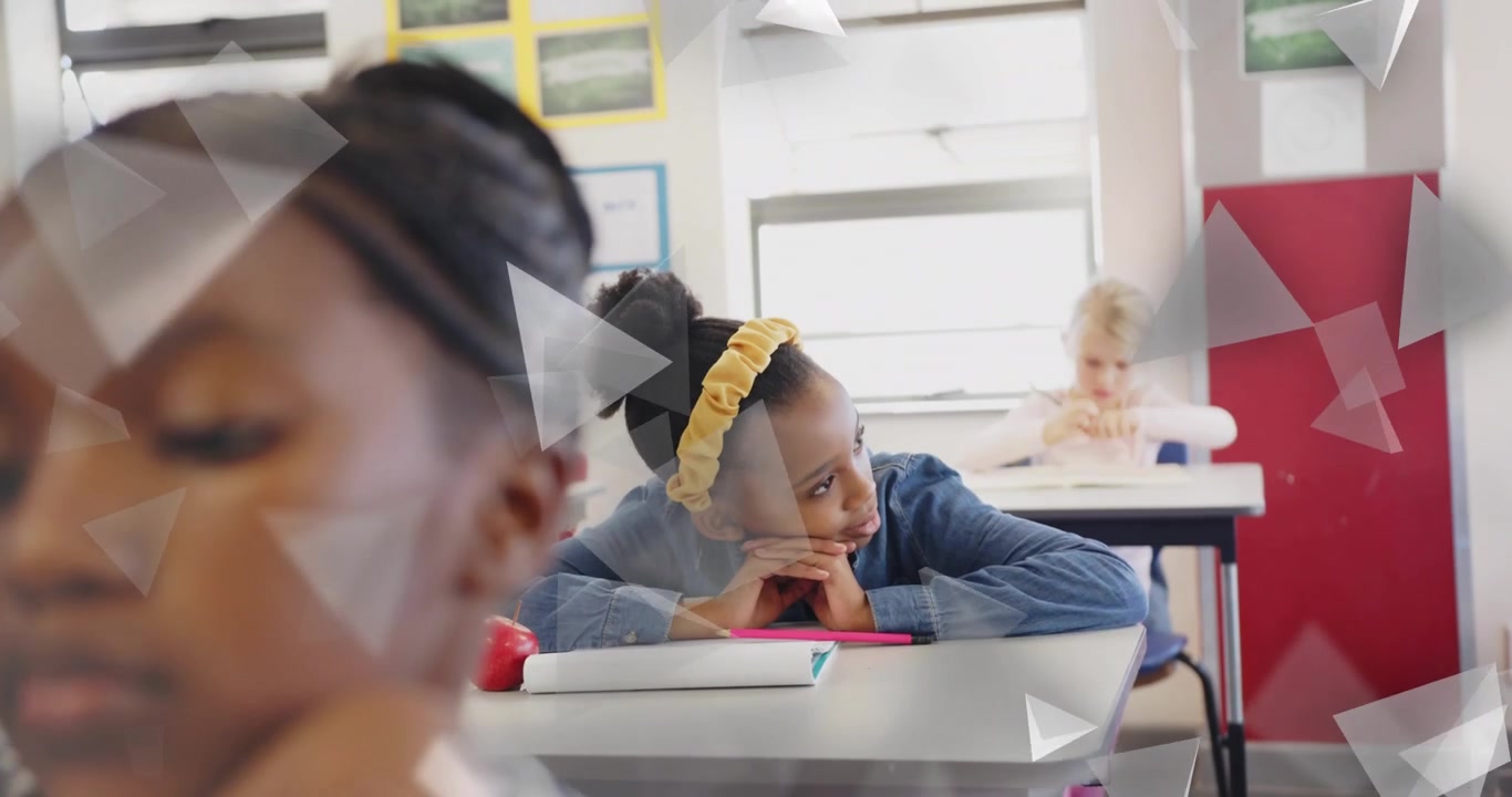 Swirling triangular overlay causing focus shifting to highlighting middle girl expression in class