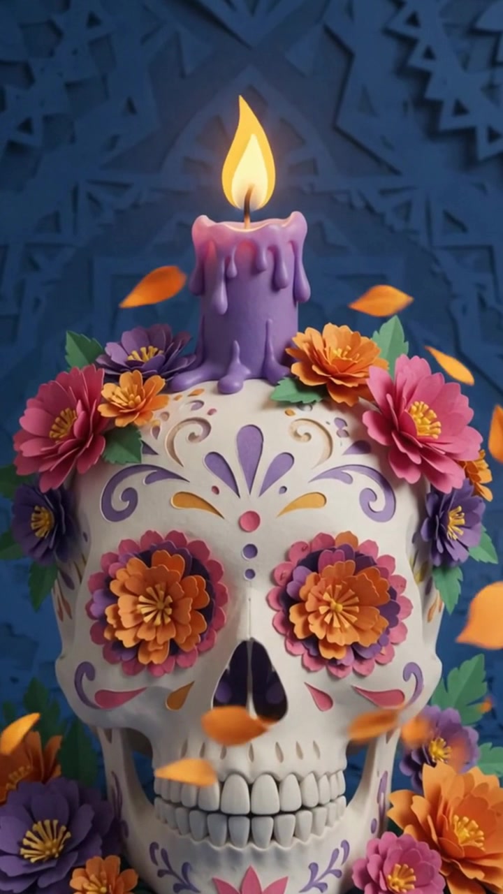 Teschio di zucchero messicano con candela accesa e fiori.