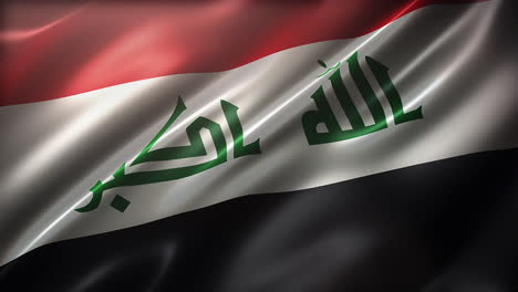 la bandera de irak de alto ángulo, vista en perspectiva, aleteando en el viento, realista con un aspecto y sensación cinematográfica, y una elegante textura sedosa