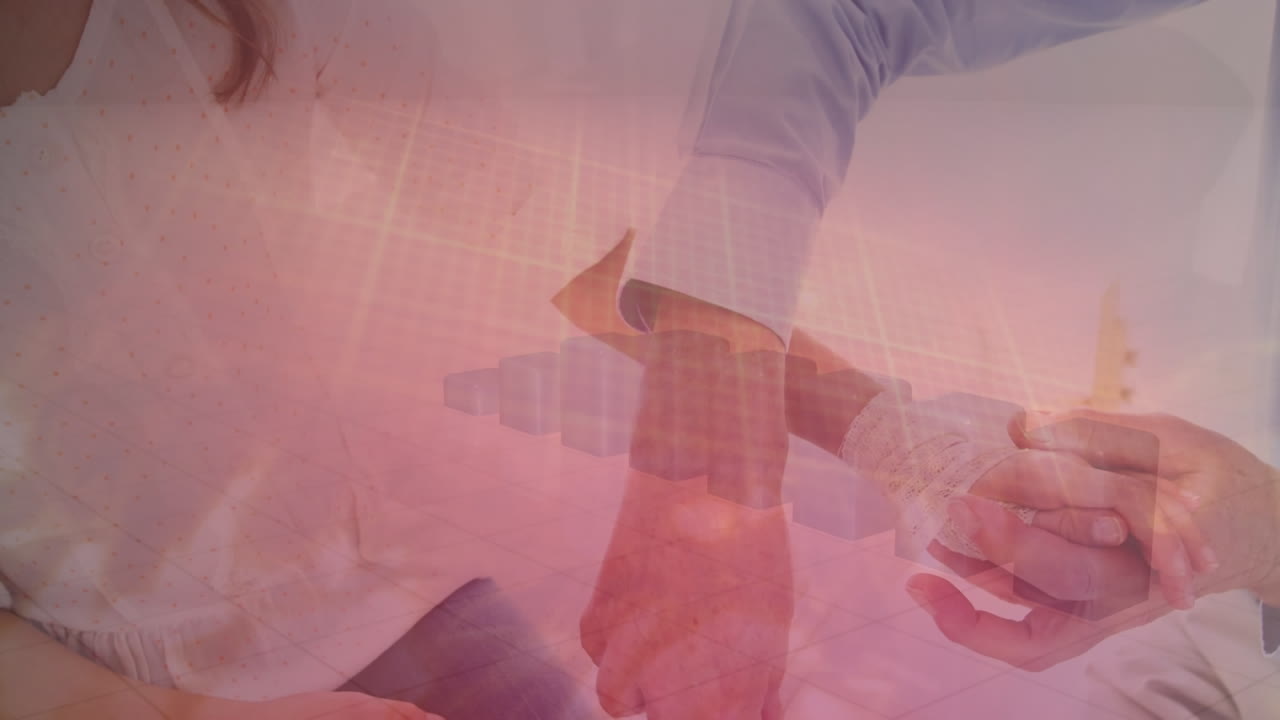 animación de puntos de luz y gráfico sobre diversos médicos y pacientes