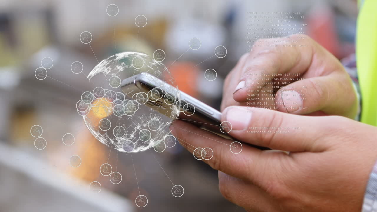 animación del globo de conexiones sobre el hombre caucásico usando un teléfono inteligente
