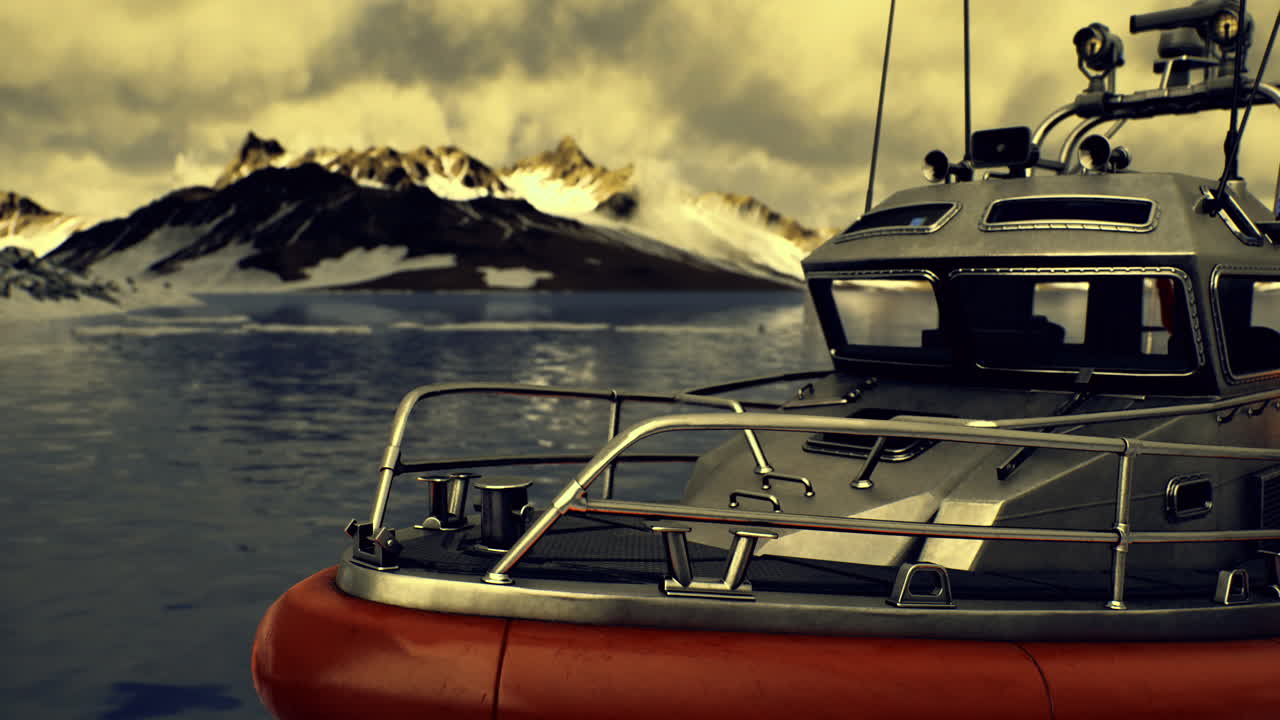 Rescue boat navigating icy waters near snow capped mountains in daylight
