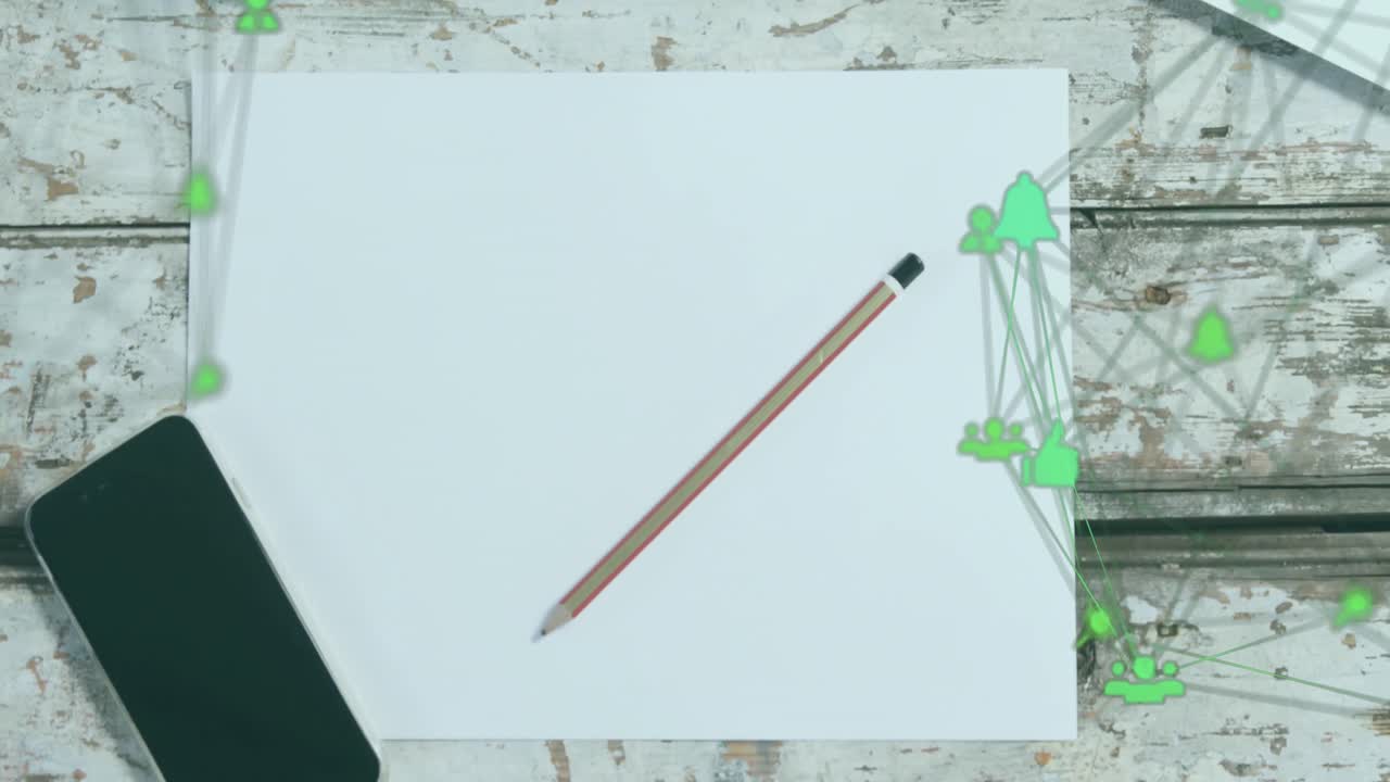 종이 위에 연필, 커피 컵 및 나무 테이블에 노트북을 통해 연결된 아이콘 글로브의 애니메이션