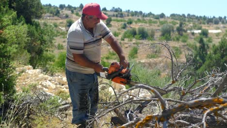 man chopping wood with chainsaw