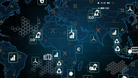 Animación-De-íconos-Ecológicos,-Marcadores-Y-Procesamiento-De-Datos-Sobre-El-Mapa-Mundial