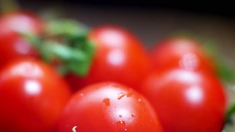 tomates cherry húmedos jugosos rojos diminutos frescos crudos en la superficie de la cocina de madera el enfoque selectivo closeup izquierda dolly