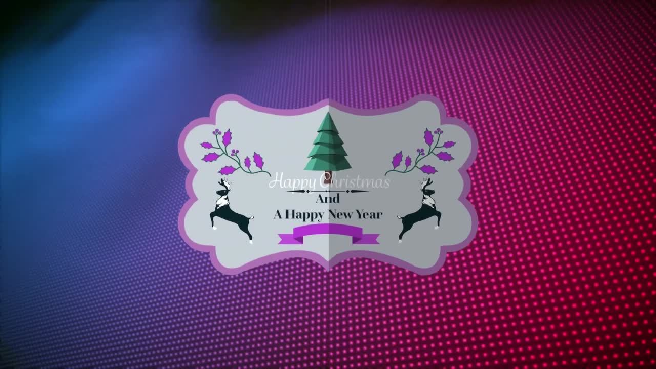 animación de feliz navidad y un texto de feliz año nuevo sobre fondo púrpura
