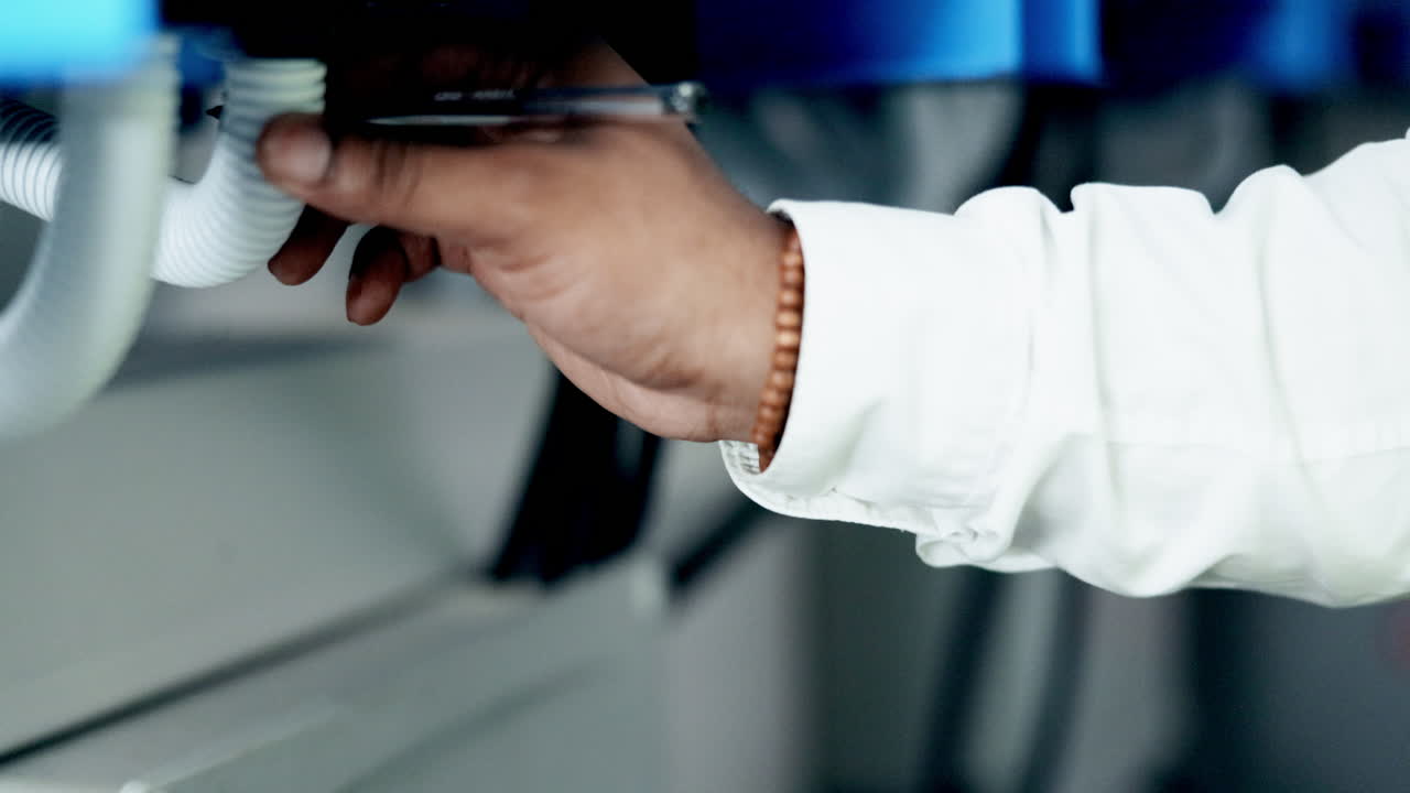 ingeniero, manos y escritura en el clipboard